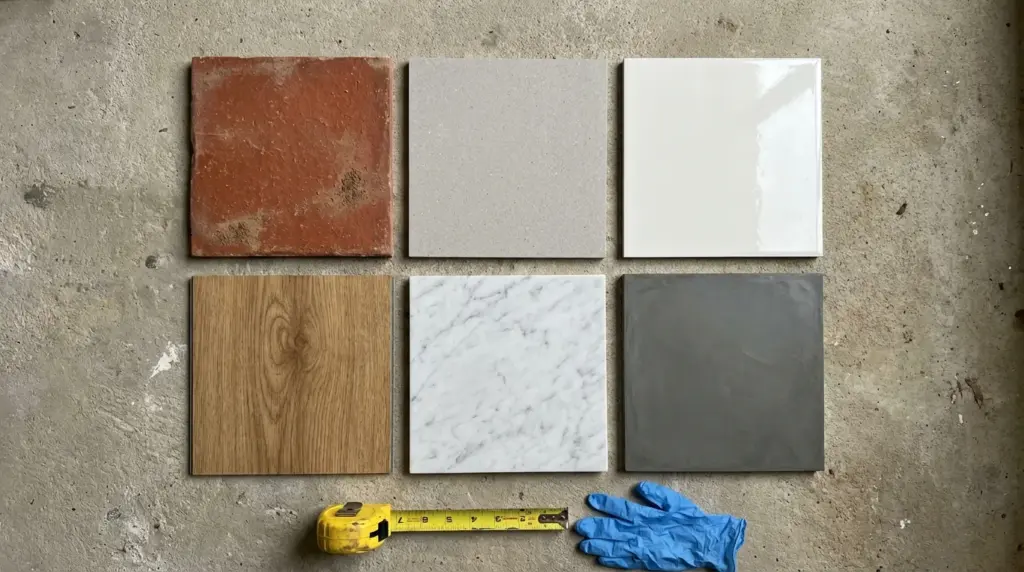 Materiales de construcción para reformas: baldosas, gres porcelánico y revestimientos apilados en almacén