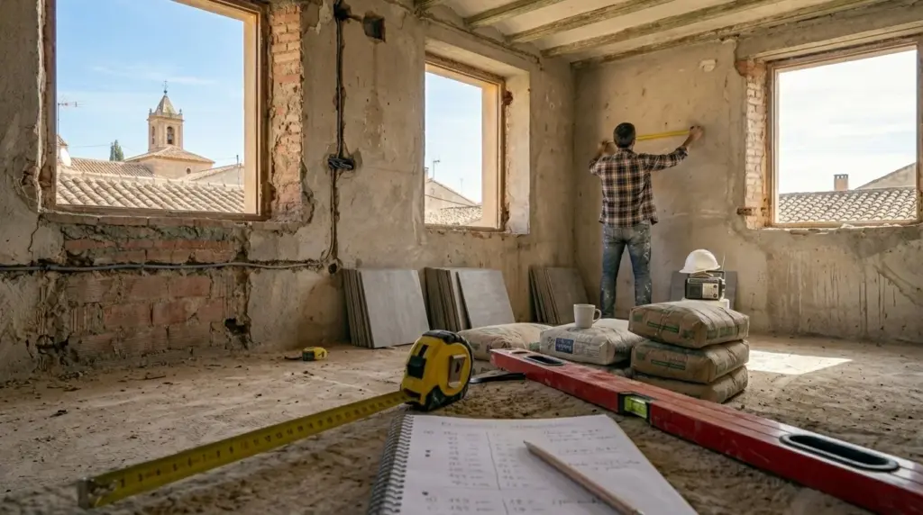 Pasillo de casa con distintas fases de reforma — qué reformar primero en casa 2026