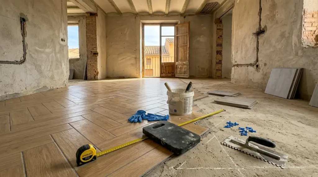 Suelo de porcelánico a medio instalar en salón de 90 metros cuadrados — precio cambiar suelo 2026