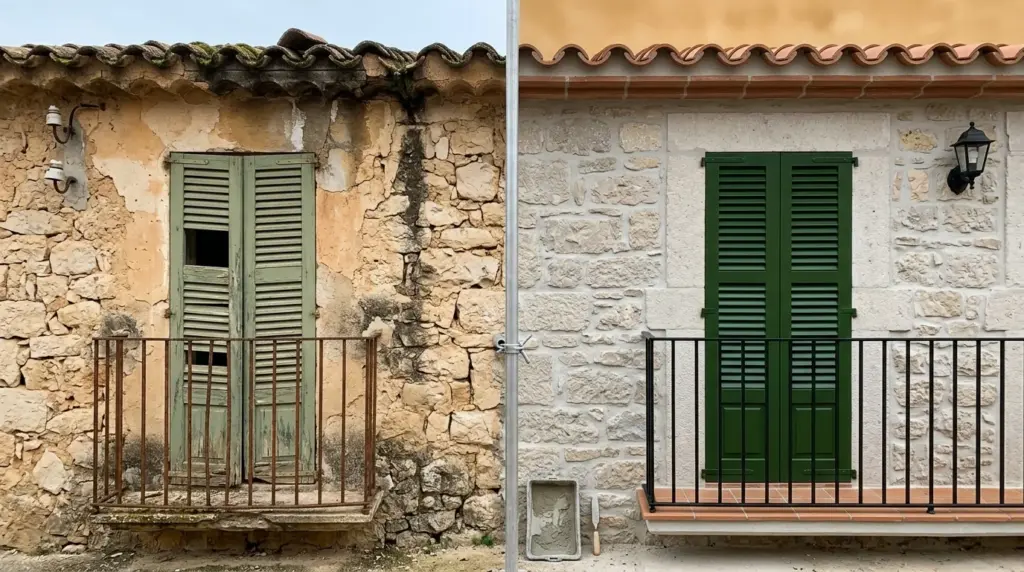 Fachada de casa de pueblo antes y después de rehabilitación — diferencia reforma vs rehabilitación