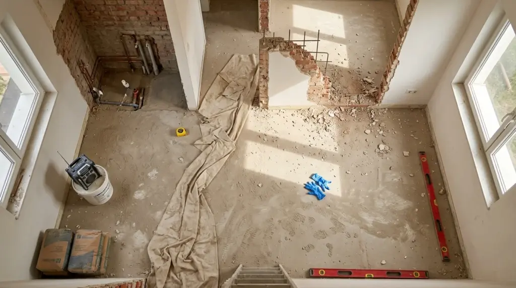 Vista cenital de piso de 70 metros cuadrados en plena reforma integral — precio reforma 70m2 2026