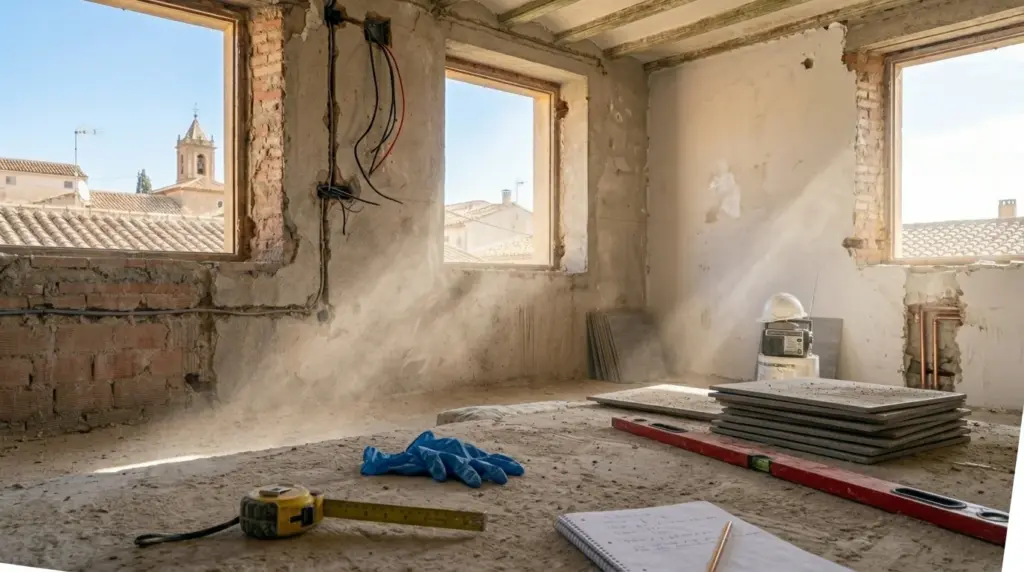 Salón en plena reforma integral con materiales y herramientas — qué incluye una reforma integral