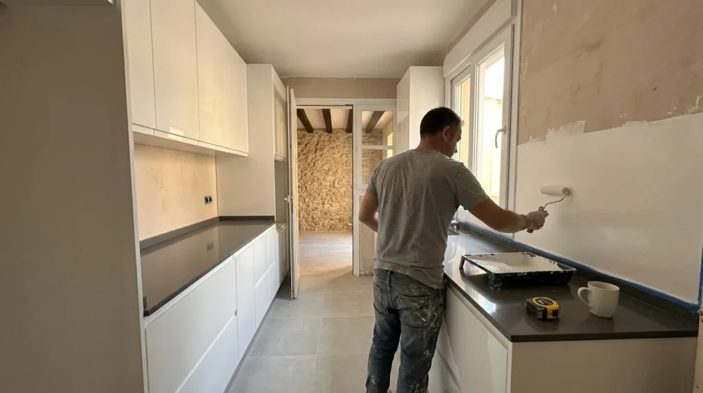 Cocina moderna avec mur en microcemento gris et plan de travail en bois