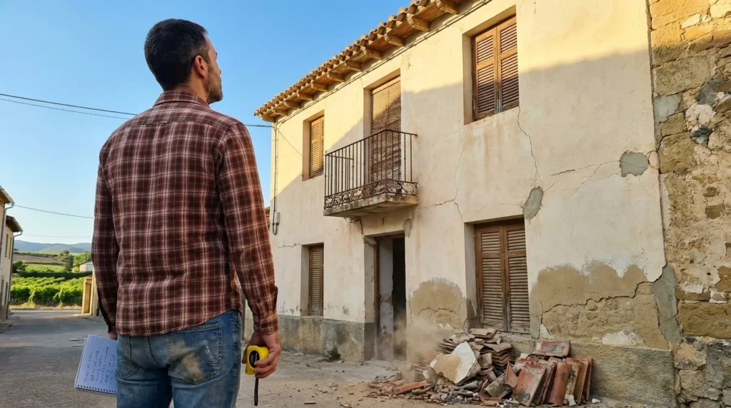 Hombre de espaldas con mètre y cuaderno evaluando una casa de pueblo antigua en La Rioja