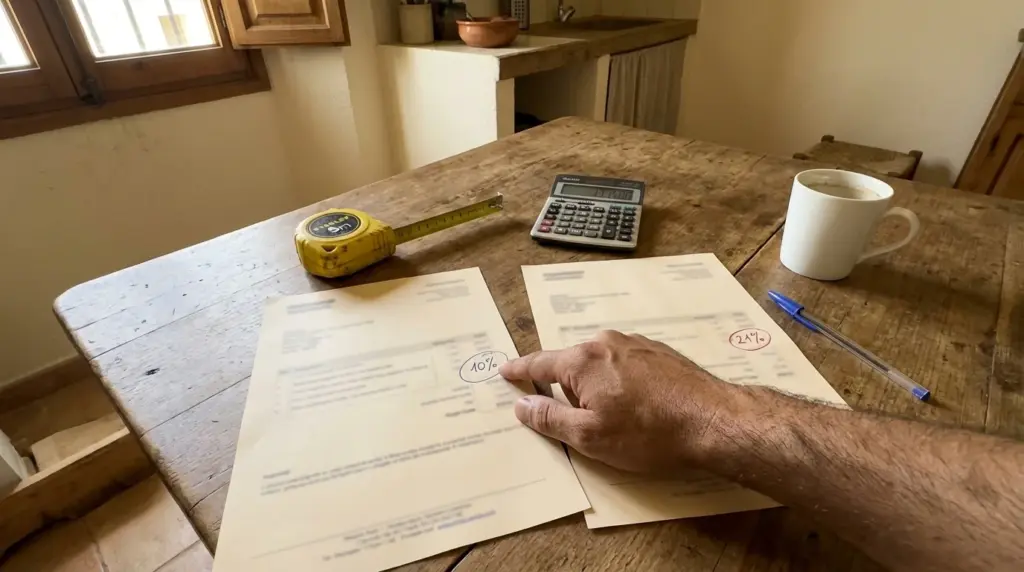 Facturas de reforma sobre mesa con calculadora — IVA 10% y 21% señalados