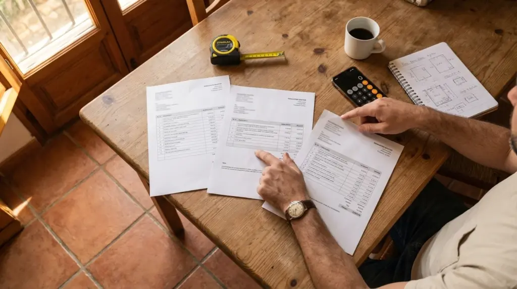 Manos comparando tres presupuestos de reforma sobre mesa de cocina