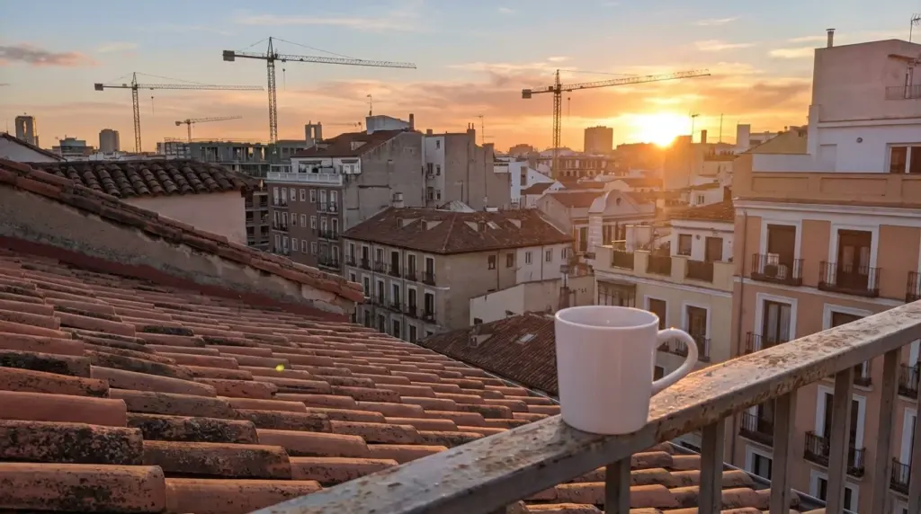 Zonas de Madrid que más se revalorizan en 2026 — vista de tejados con grúas de construcción al atardecer
