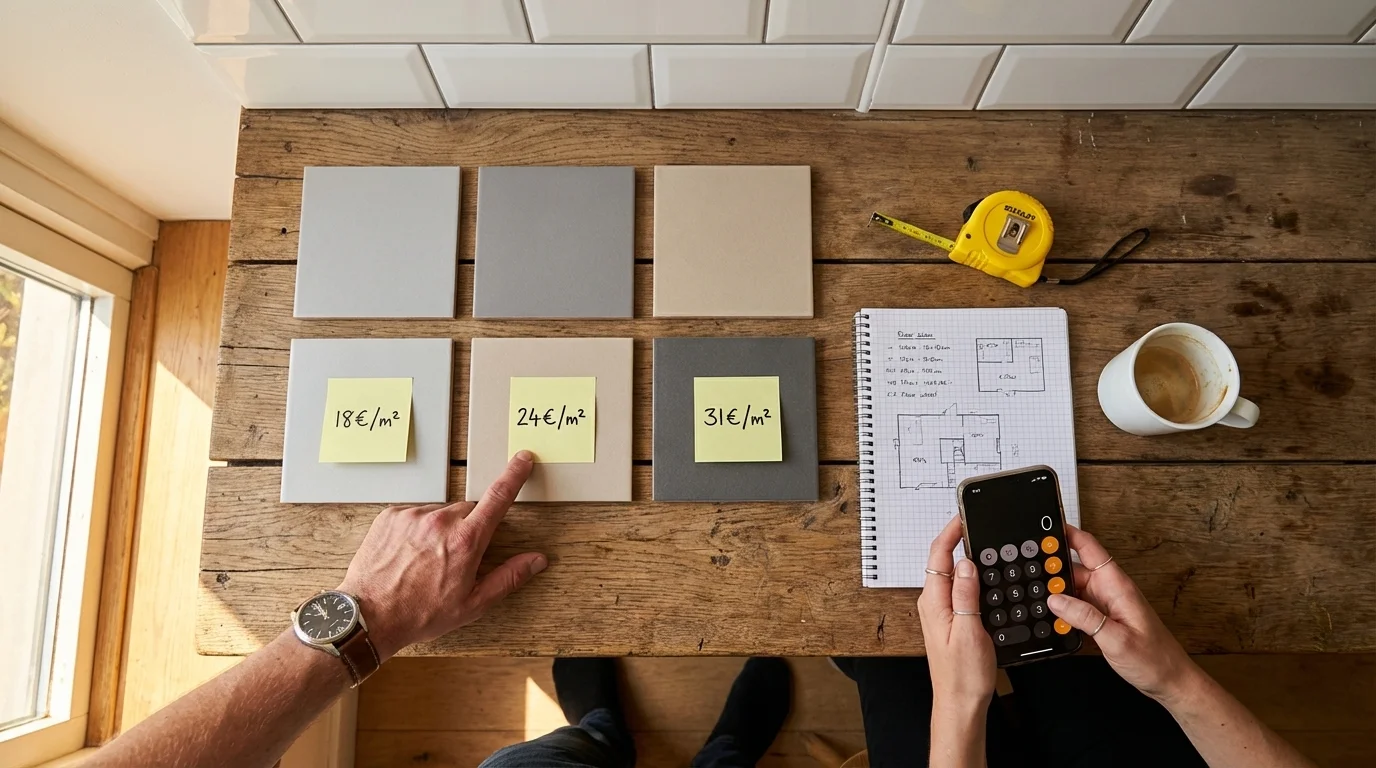 Muestras de materiales de reforma con post-its de precios sobre mesa de madera