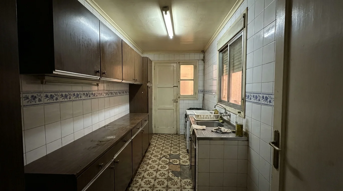 Cocina de los años 70 antes de reformar: formica marrón y azulejos con cenefa