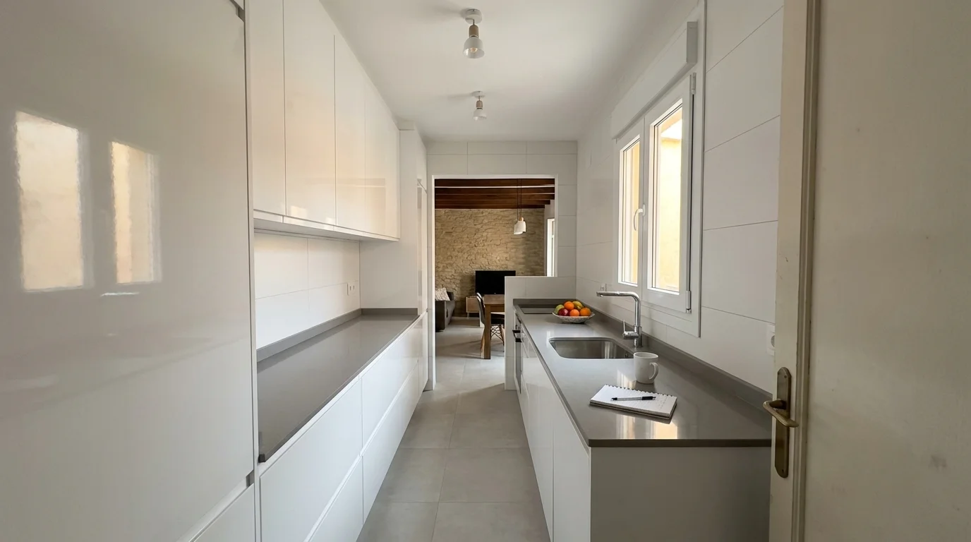 Cocina reformada de la misma casa — muebles blancos lacados, encimera de cuarzo gris, suelo porcelánico