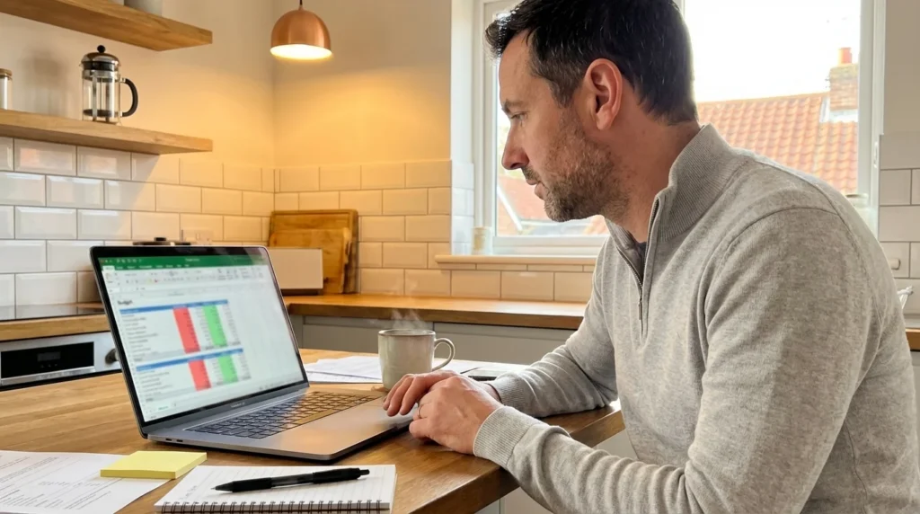 Víctor sentado en la cocina con portátil abierto mostrando hoja de cálculo de presupuesto de reforma