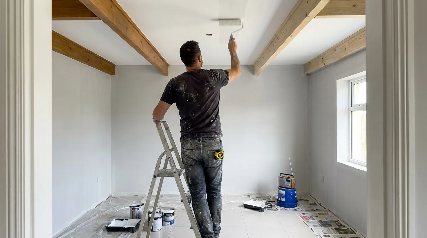 Hombre pintando techo blanco subido a escalera durante reforma DIY de su casa