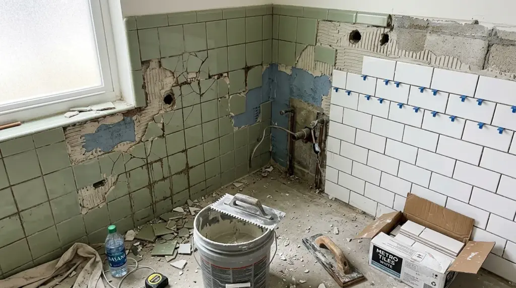 Baño en proceso de reforma con alicatado a medias — reformar baño precio por metro cuadrado