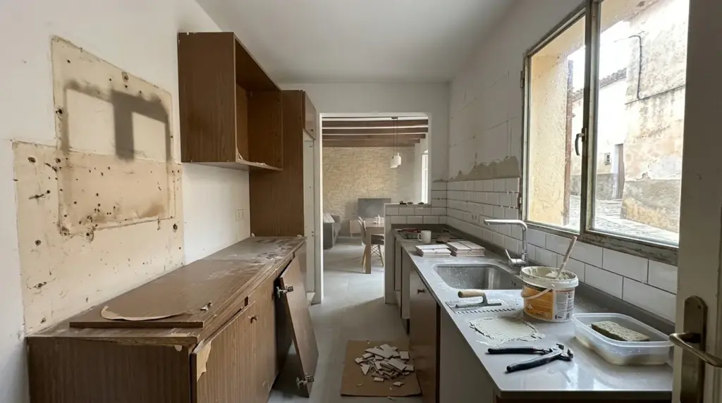 Cocina en reforma con muebles desmontados y alicatado — reformar cocina precio 2026