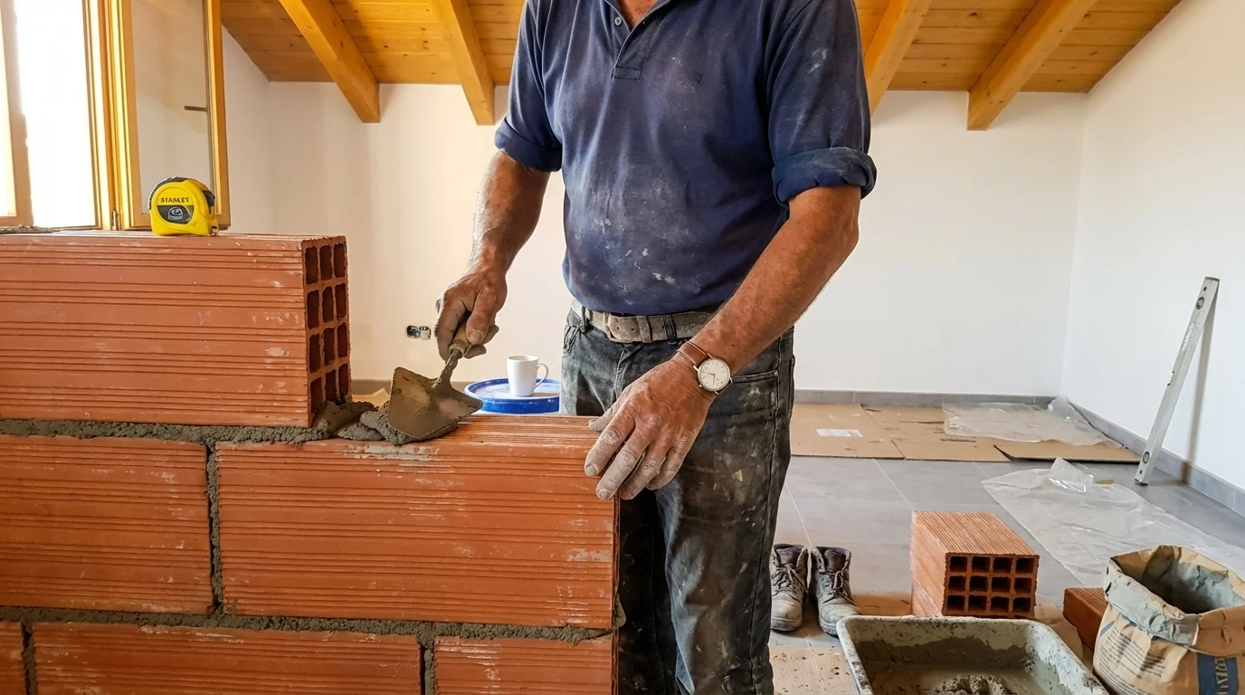 Manos de albañil aplicando mortero con llana sobre tabique de ladrillo en reforma de casa de pueblo