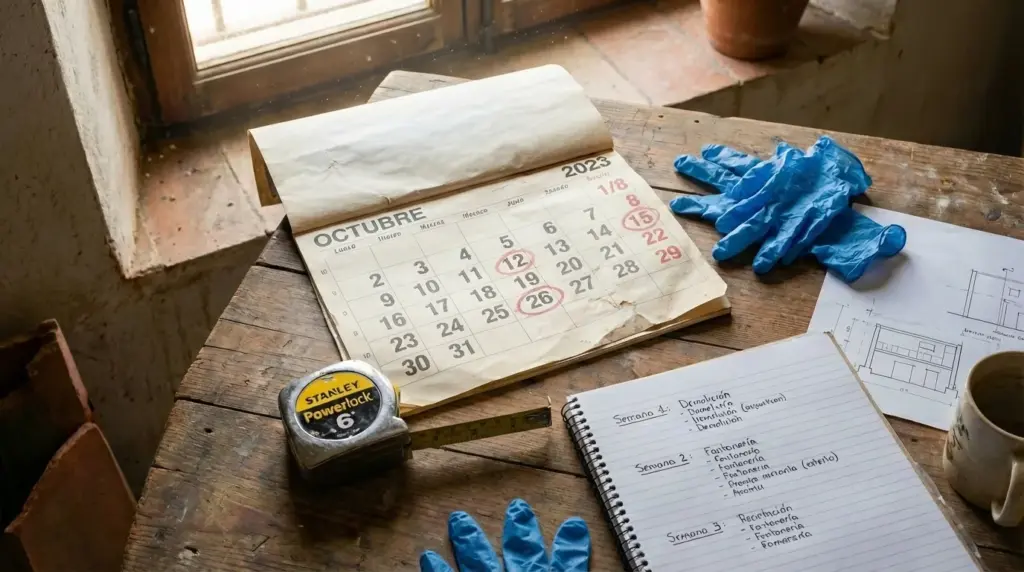 Timeline de reforma integral: plazos por fase desde demolición hasta pintura final